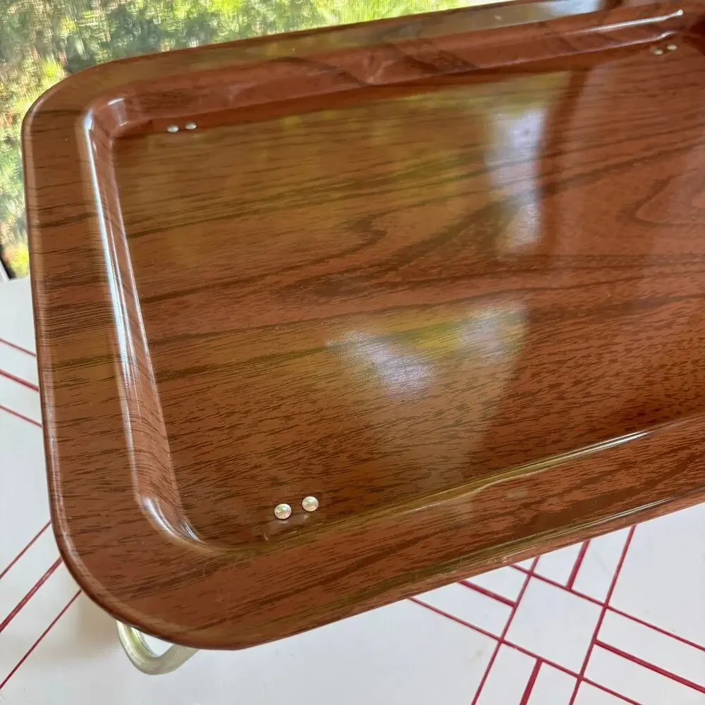 Vintage Faux Bois Metal Folding Lap Tray Gold Tone Legs MCM